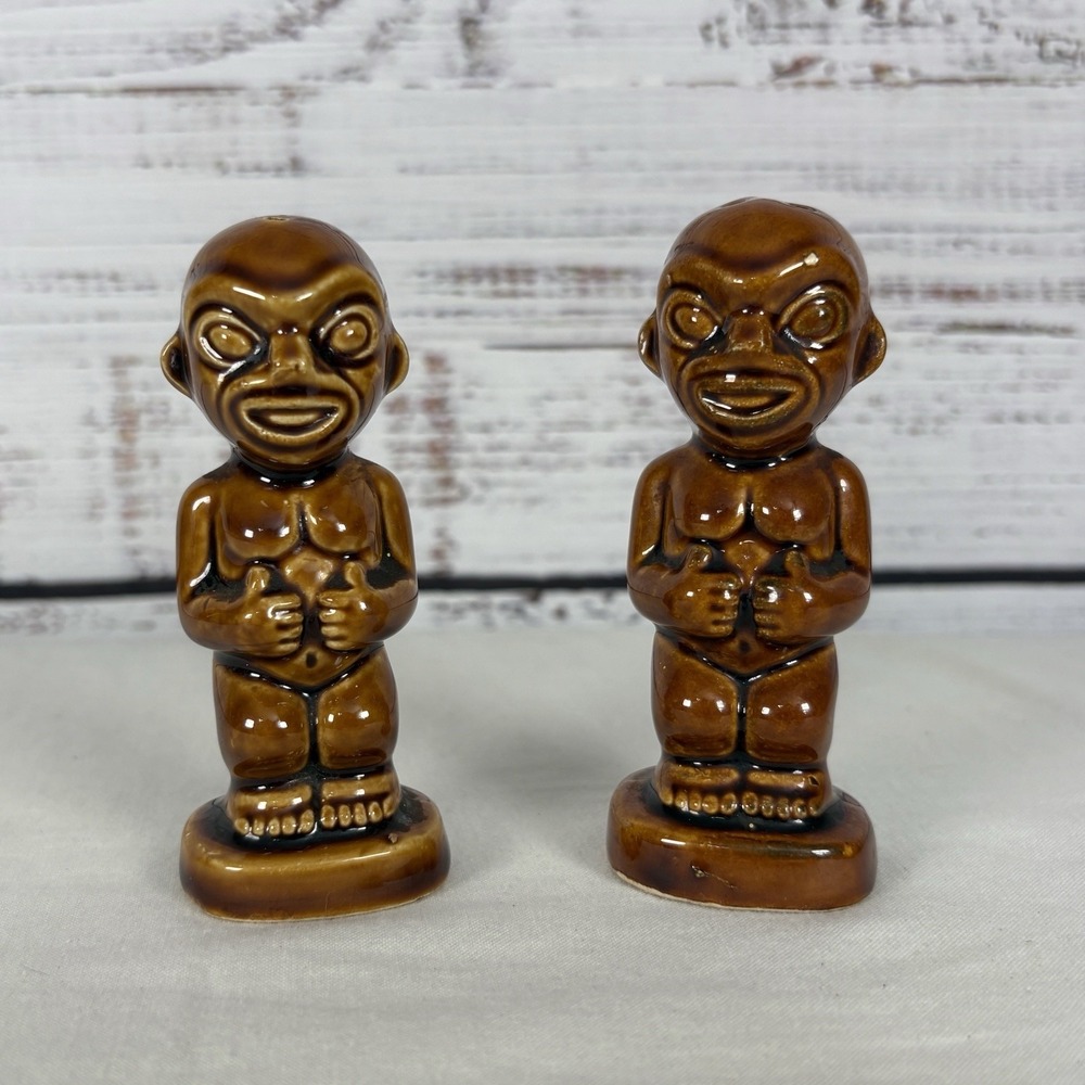 Vintage Kon-Tiki Salt & Pepper Shakers MCM Ceramic Glossy Luau Party Seasoning